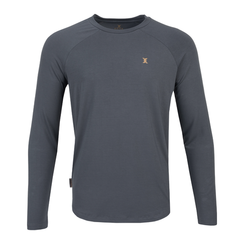Charcoal Exile Bamboo Blend L/S Crew with small bronze Exile logo on left chest