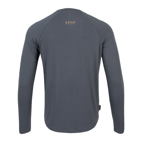 rear view of charcoal Exile Bamboo Blend L/S Crew with bronze EXILE logo on upper back