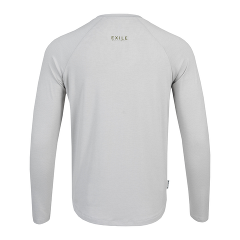 rear view of silver Exile Bamboo Blend L/S Crew with Exile logo on upper back