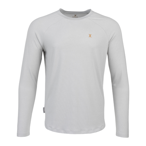 Silver Exile Bamboo Blend L/S Crew with small bronze Exile logo on left chest
