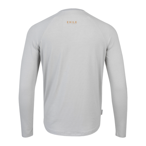 rear view of silver Exile Bamboo Blend L/S Crew with bronze "EXILE" logo text on upper back